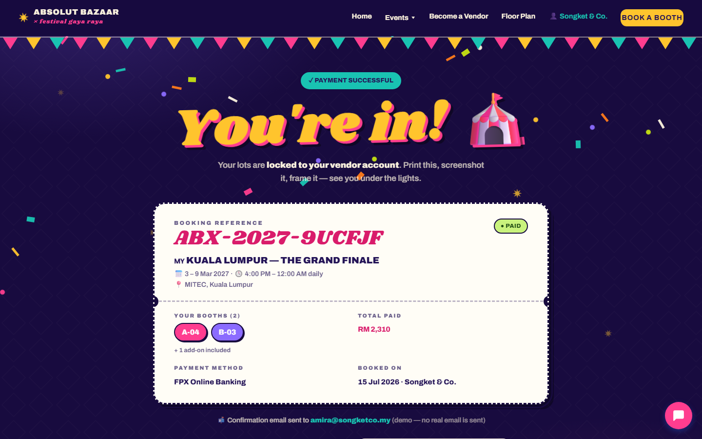 Instant booking confirmation