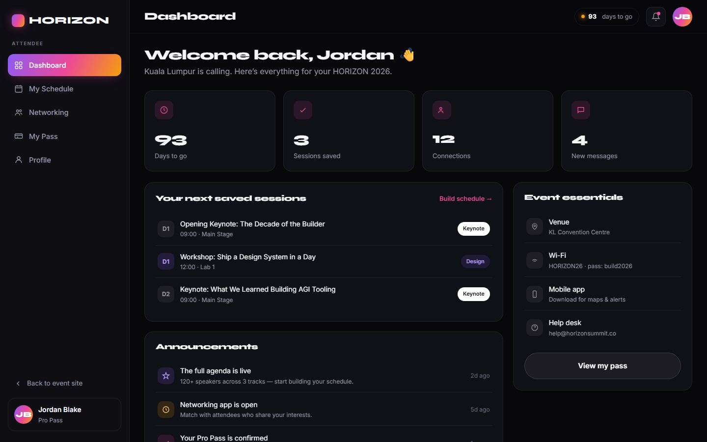 Attendee dashboard