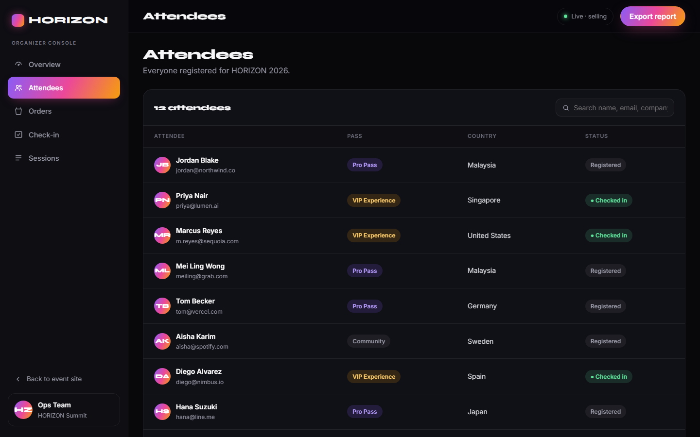 Attendee & order management