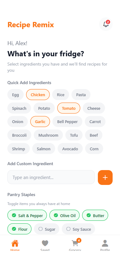 Recipe Remix — Home Screen